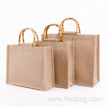 Strong inner pe coating natural hessian jute bag reusable stand-up function customize logo jute shopping bag with bamboo handle